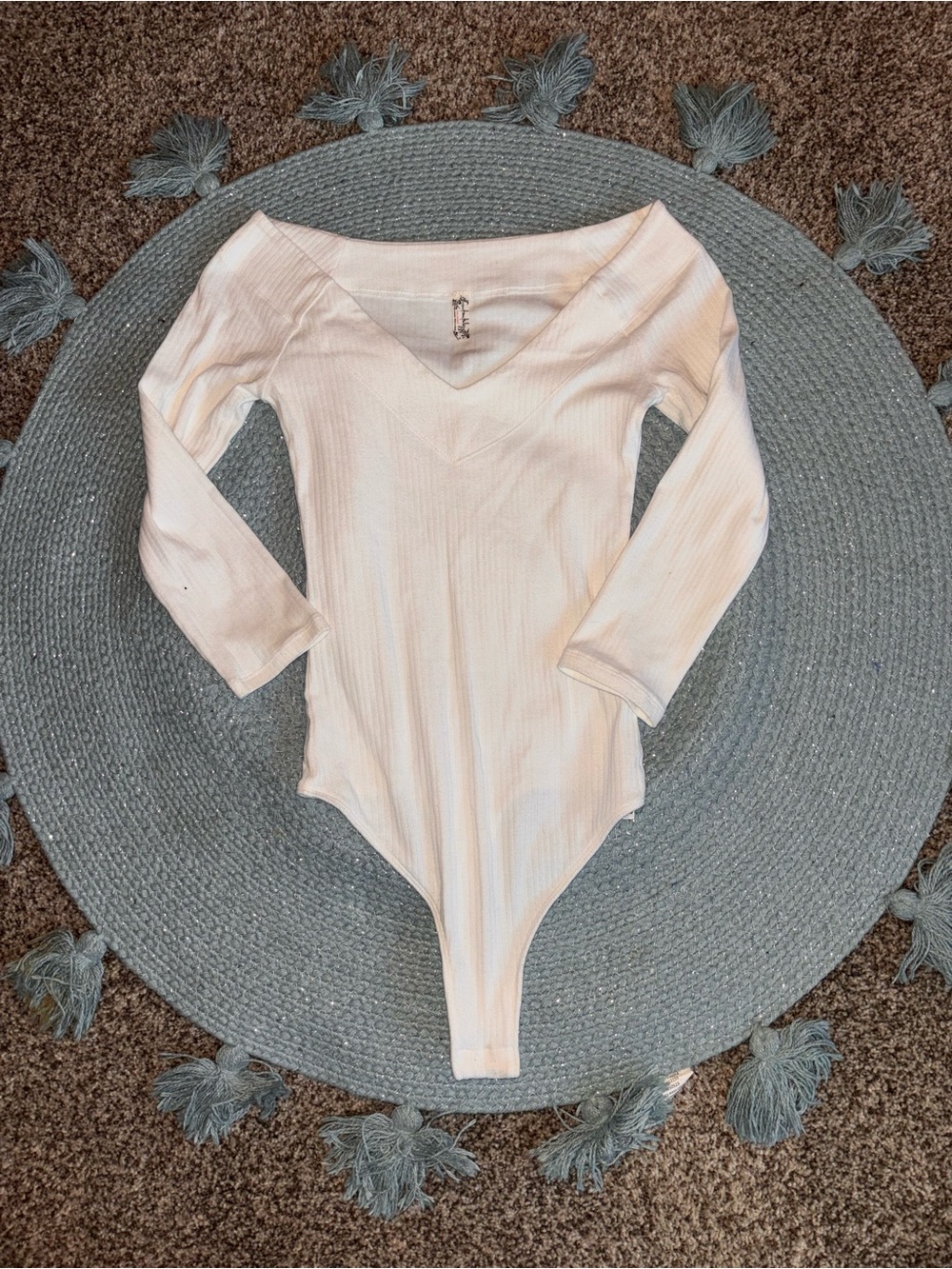 Free People Ivory Ribbed V-Neck Top